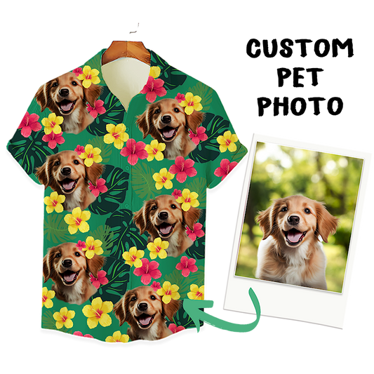 Individuelles Hawaiihemd für Tierliebhaber | Personalisiertes Geschenk für Tierliebhaber | Tropisches Hibiskus- und Blättermuster, grünes Aloha-Shirt