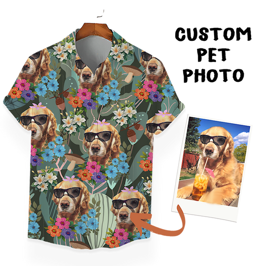 Individuelles Hawaiihemd für Tierliebhaber | Personalisiertes Geschenk für Tierliebhaber | Aloha-Shirt mit Blumen- und tropischem Blättermuster in dunkler Farbe