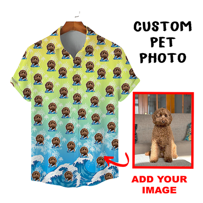 Custom Hawaiian Shirt for Pet Lovers | Personalized Pet Lovers Gift | Surfing Waves & Palm Trees Pattern Ombre Color Aloha Shirt