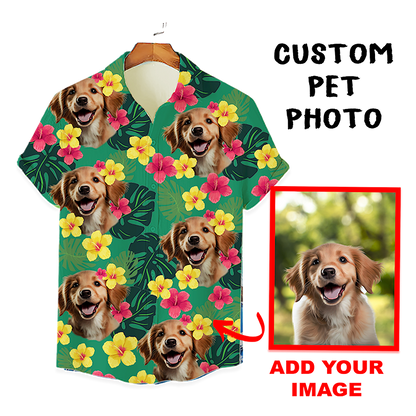 Custom Hawaiian Shirt for Pet Lovers | Personalized Pet Lovers Gift | Tropical Hibiscus & Leaves Pattern Green Color Aloha Shirt