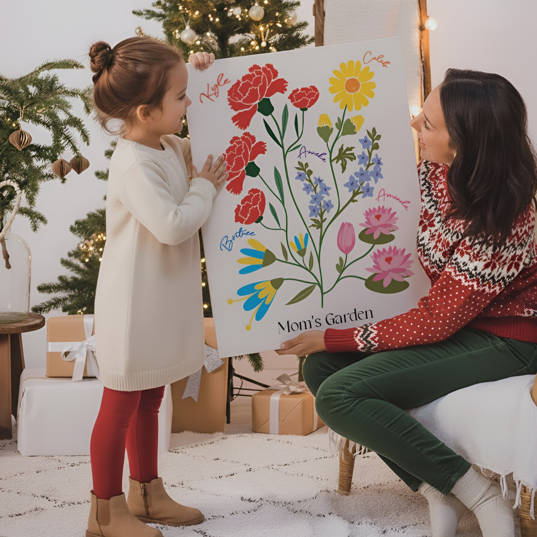 mother and daughter in Christmas setting holding and reacting to illustrated family canvas 