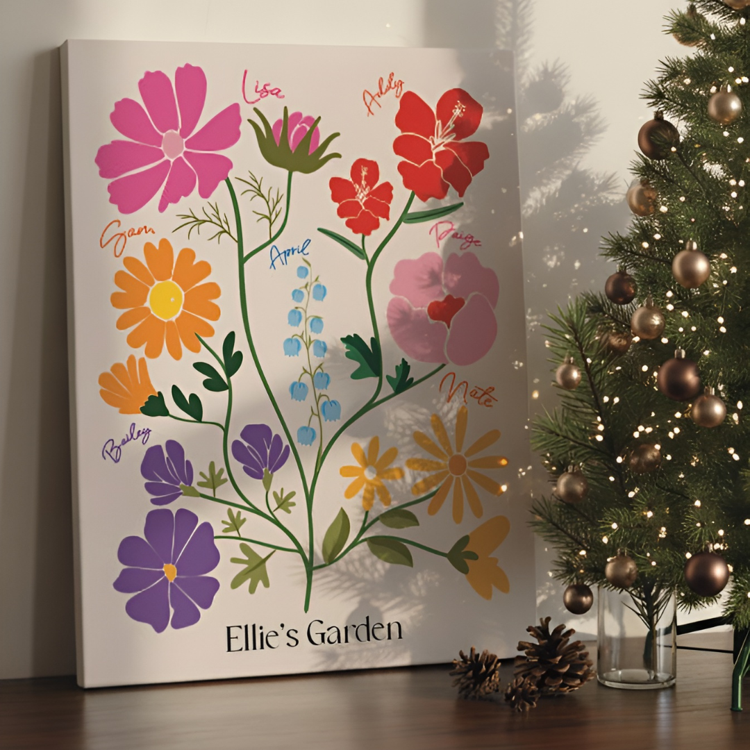 illustrated family canvas leaning against the wall next to a Christmas tree