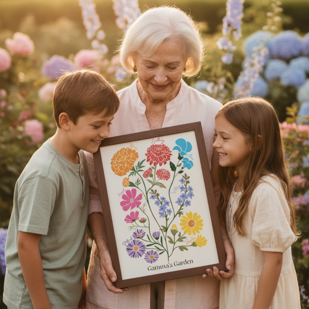 grandmother and grandchildren standing outside in a garden holding a framed family birth flower garden 