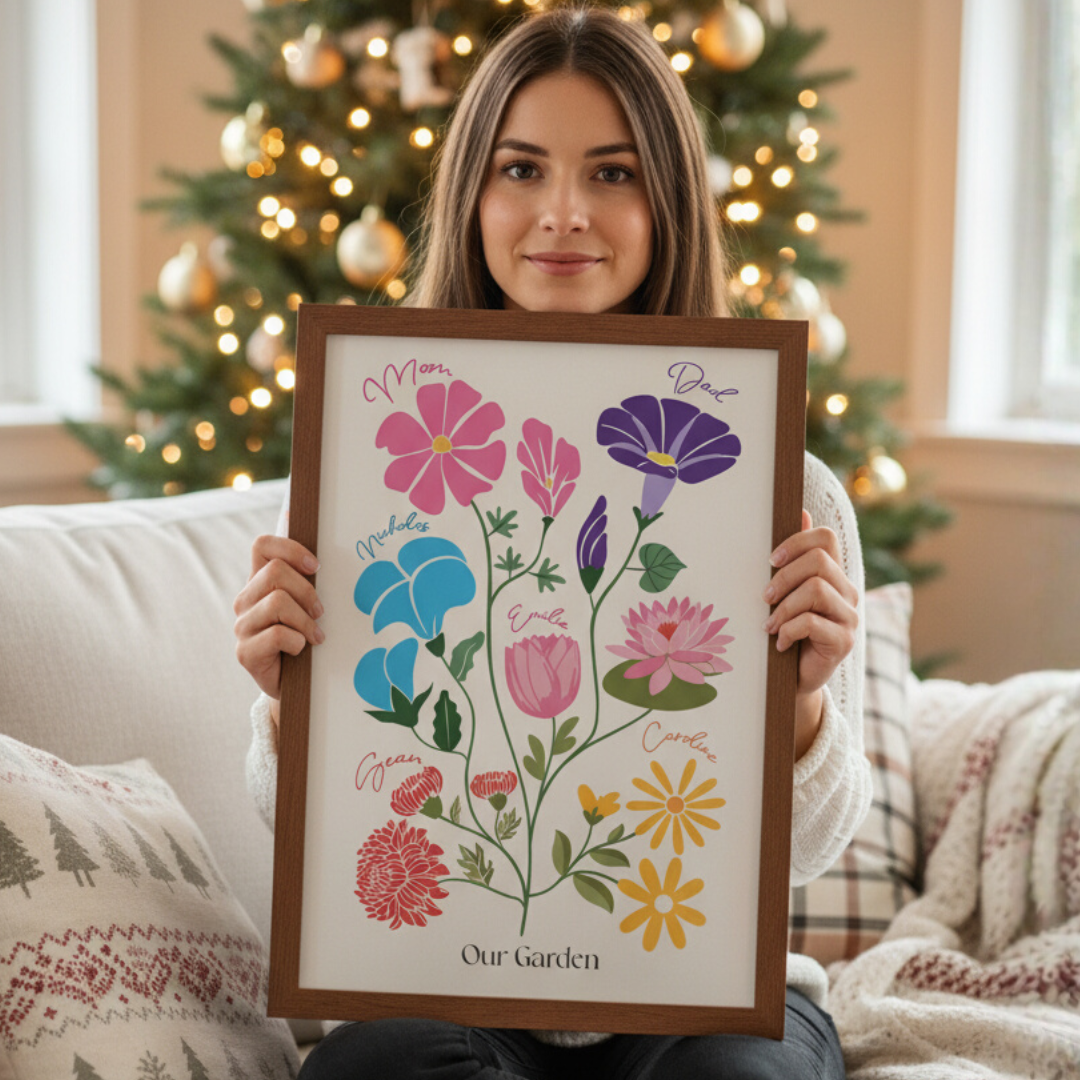 Woman sitting on a couch in front of a Christmas tree holding a birthflower artwork