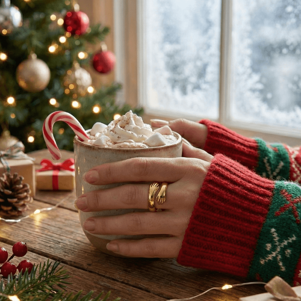 Close-up of a rose gold adjustable hug ring shaped like small hands on a woman's hand, holding a hot chocolate in a festive Christmas setting
