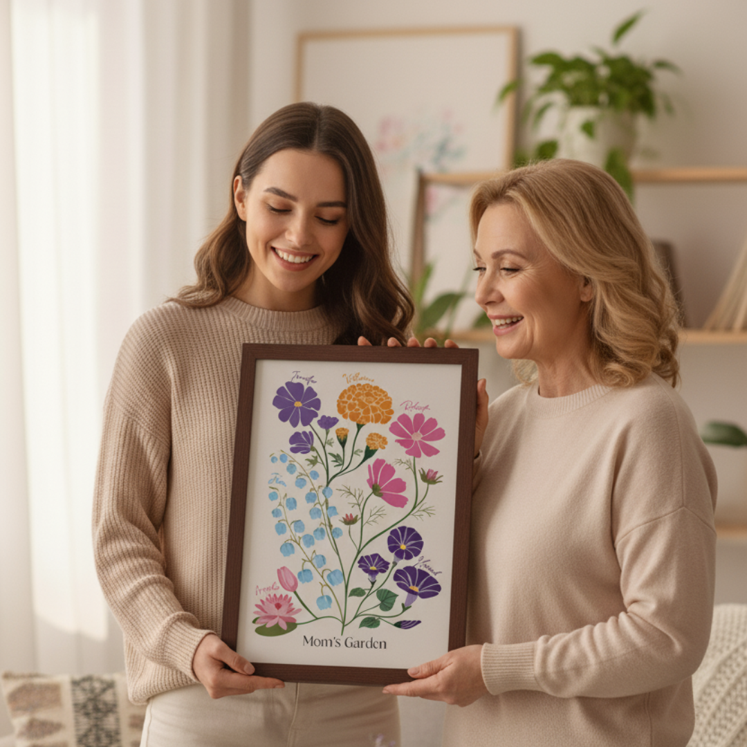 mother and adult daughter holding a custom family birth flower garden 