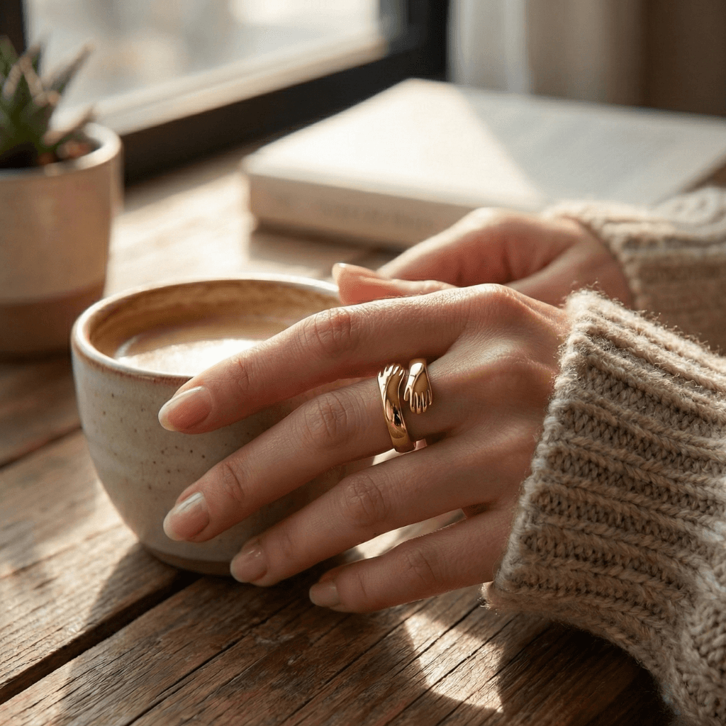 Close-up of a gold adjustable hug ring with small hands design on a woman's hand while she hold cup of coffee
