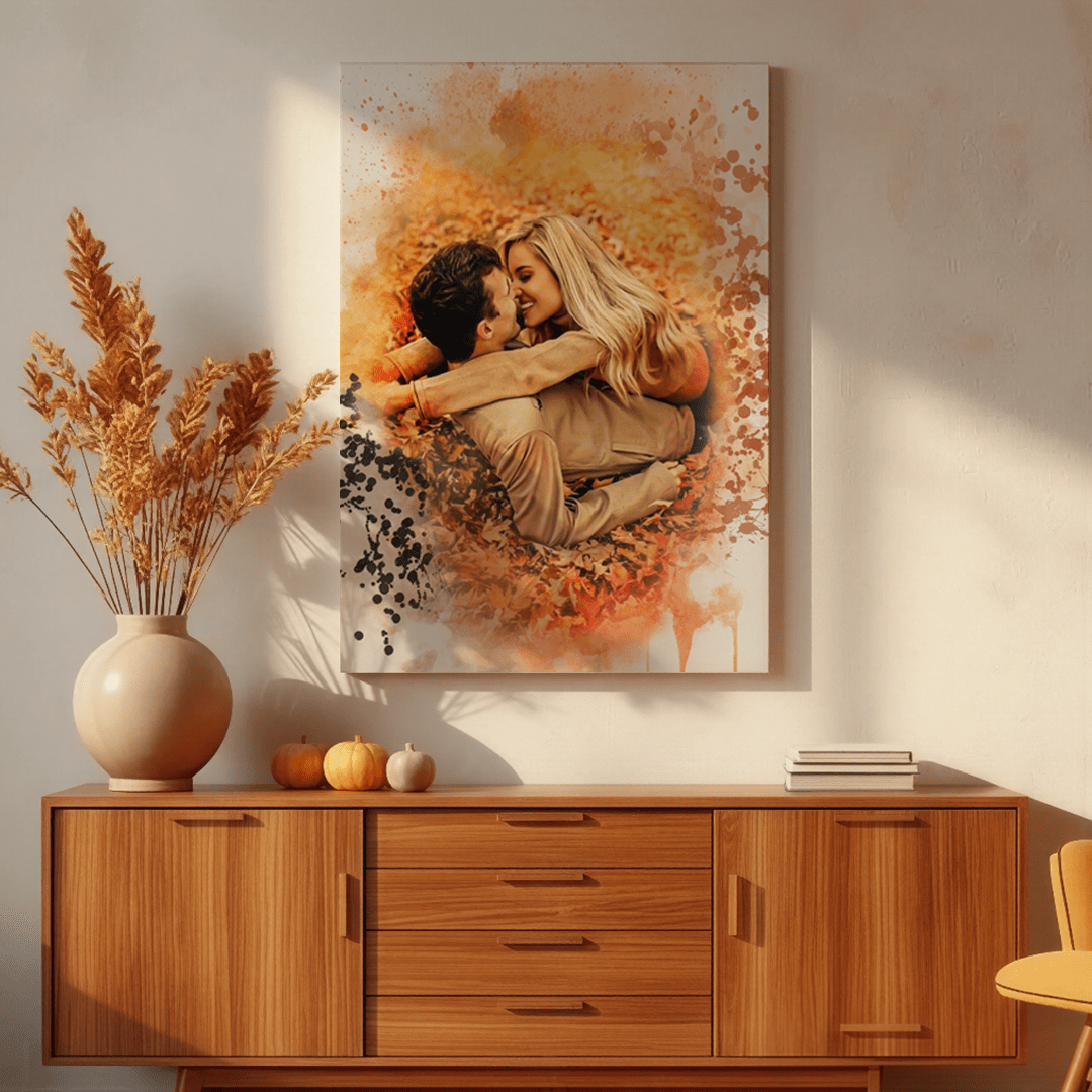 Fall themed couples canvas hanging on a wall above a dresser
