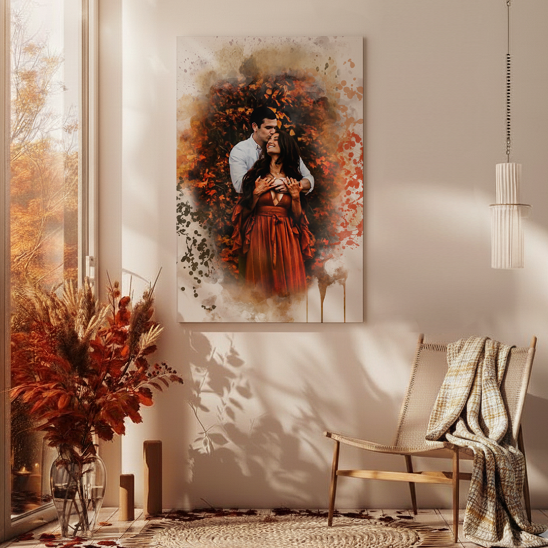 personalized couples portrait hanging on a wall in front of a chair 