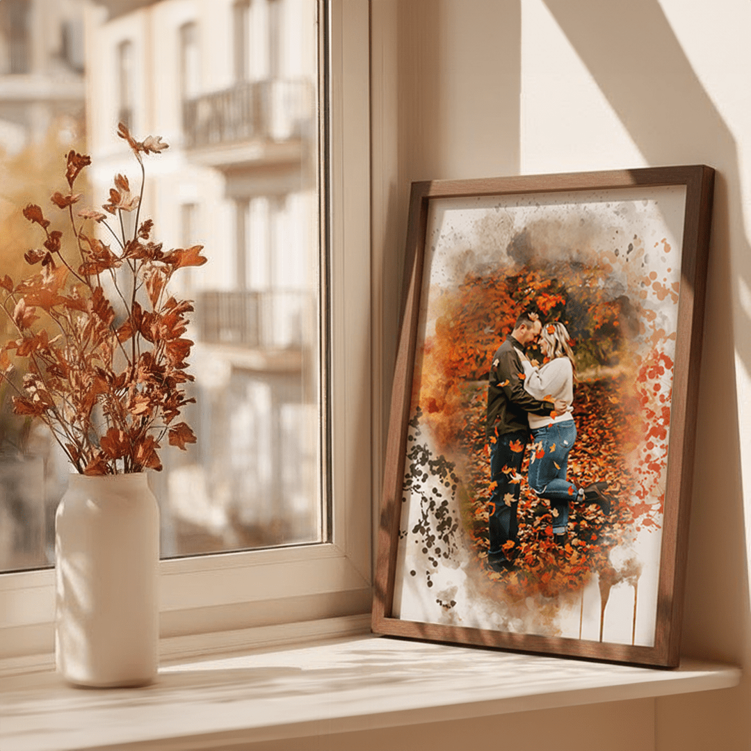 framed Fall themed personalized couples portrait leaning against a wall on a widow sill 
