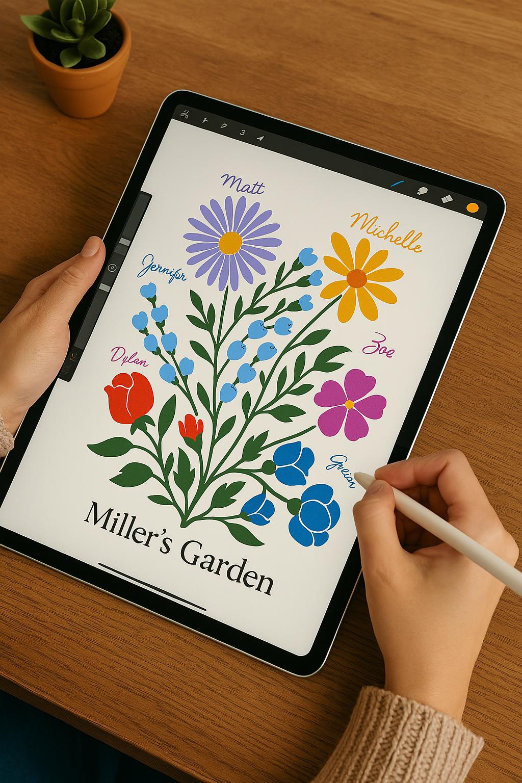 An artist uses a digital stylus on a tablet to finalize a "Miller's Garden" design, featuring illustrated birth flowers with names like Matt, Michelle, and Dylan written in script beside the stems.