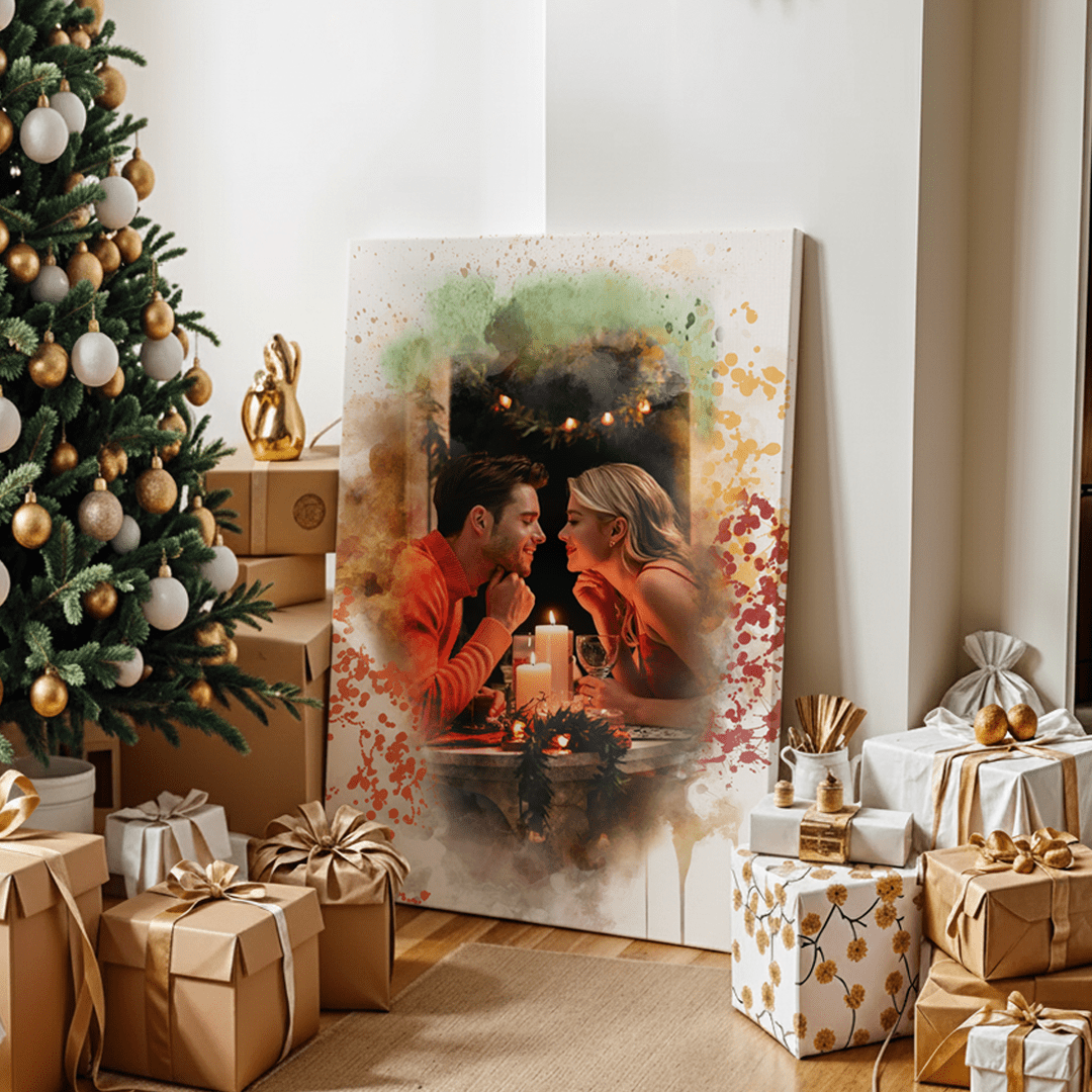 a personalized couples canvas sitting in the middle of wrapped Christmas gifts