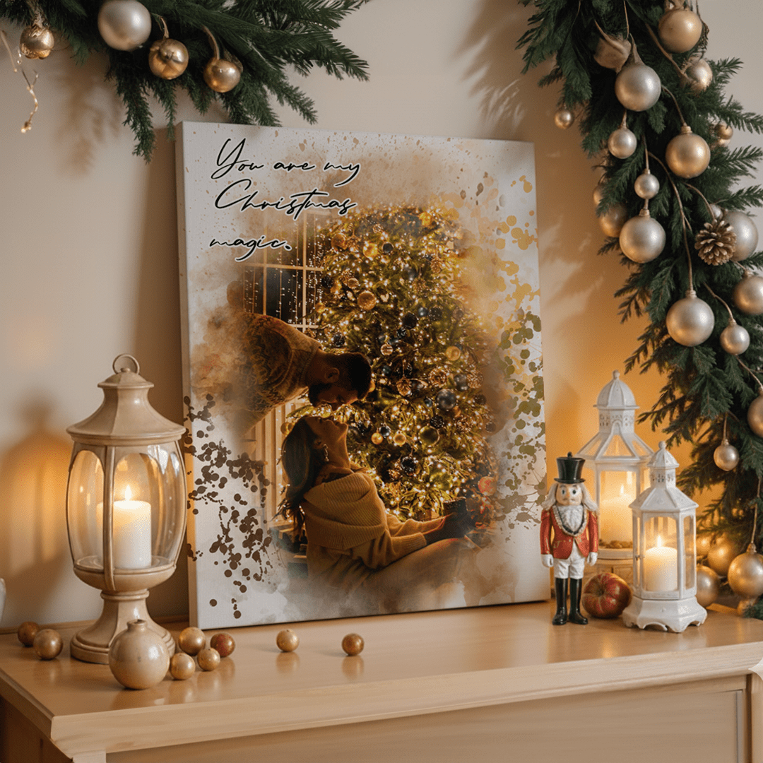 personalized couples portrait on a table leaning against a wall in a Christmas setting 