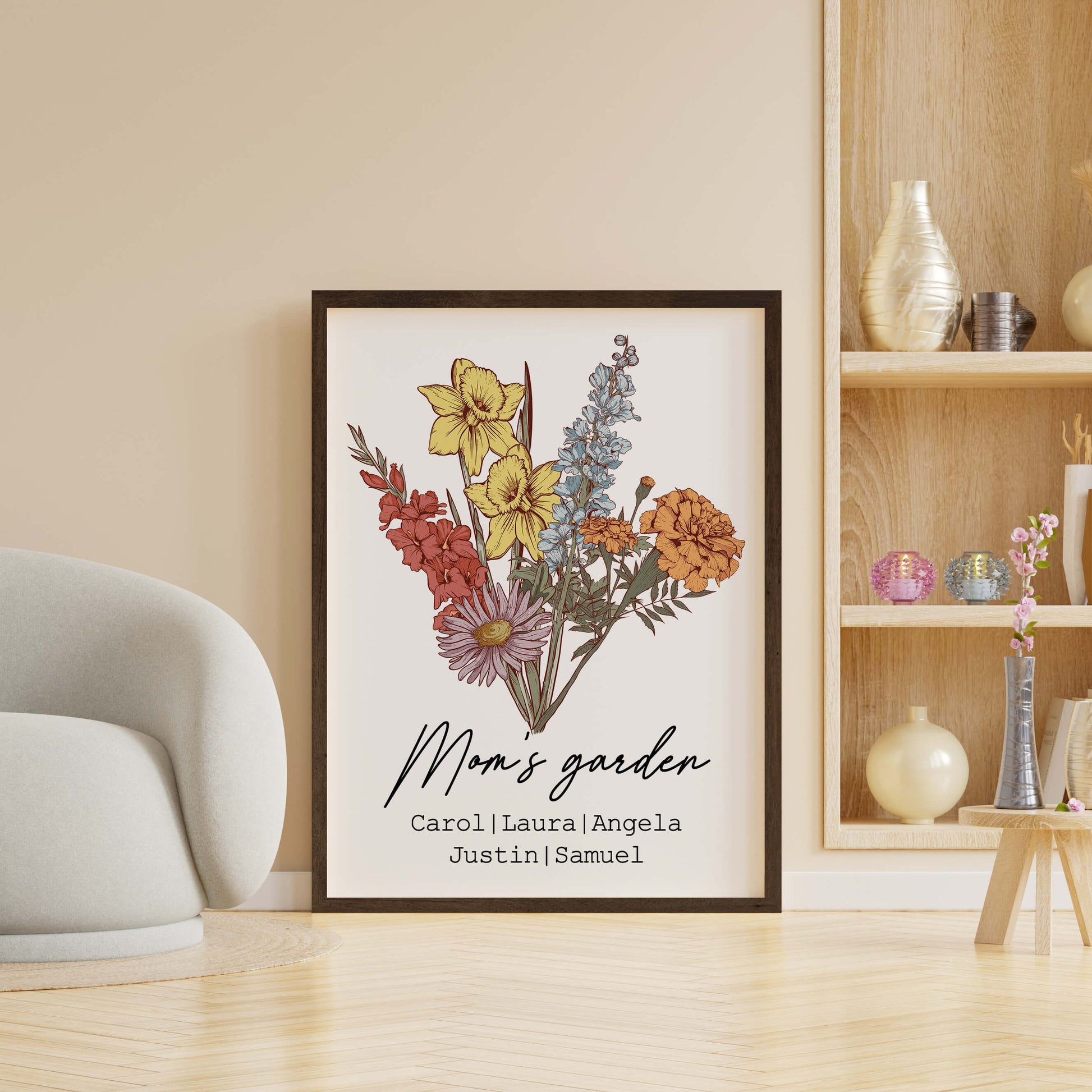 POC Personalised Birth flower Canvas — complete garden canvas displayed on wall in home setting