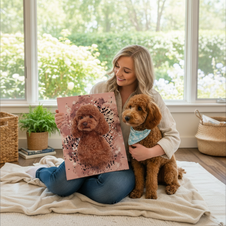 woman holding a portrait of her dog in one hand and the dog in the other 