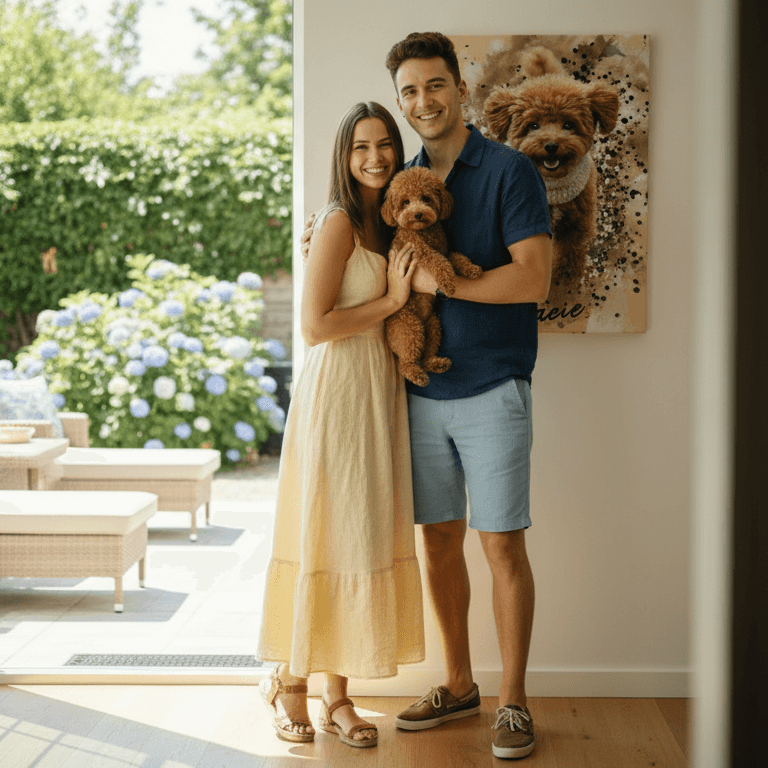 couple holding brown small poodle while standing in front of a canvas of the dog 