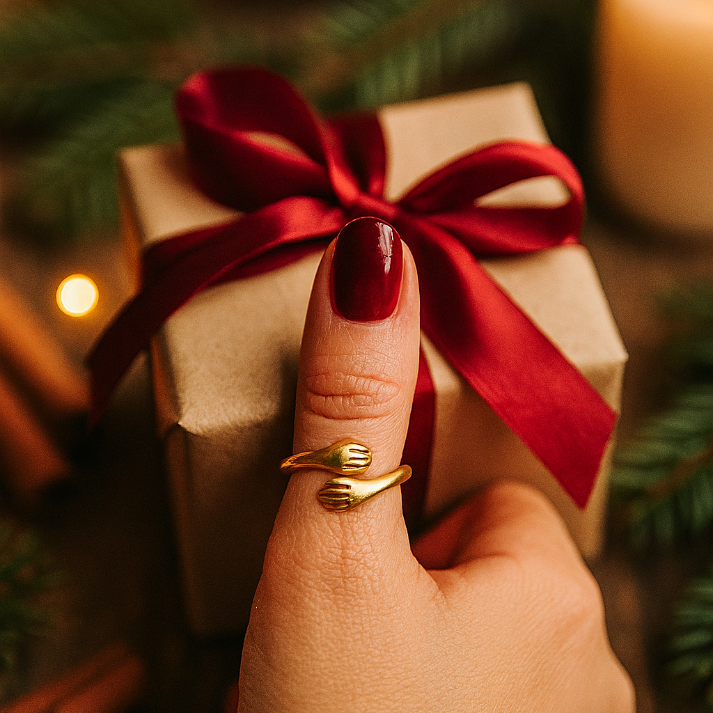 close up of a thumb wearing a gold adjustable hug ring in front of gift box in a Christmas setting 