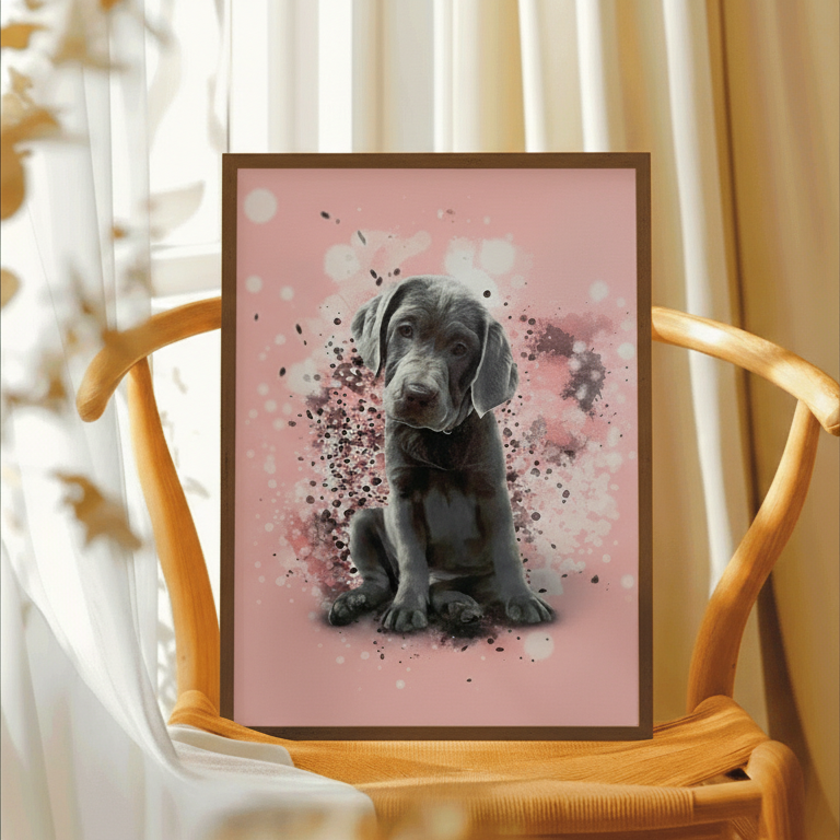 pink illustrated portrait pf a large breed puppy on a wooden chair 