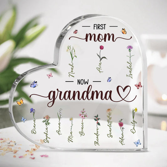 Personalized Heart-Shaped- First Mom Now Grandma Acrylic Plaque