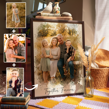 watercolor style merging family canvas with the words together forever on the bottom with the photos on the side showing the people combined in portrait 