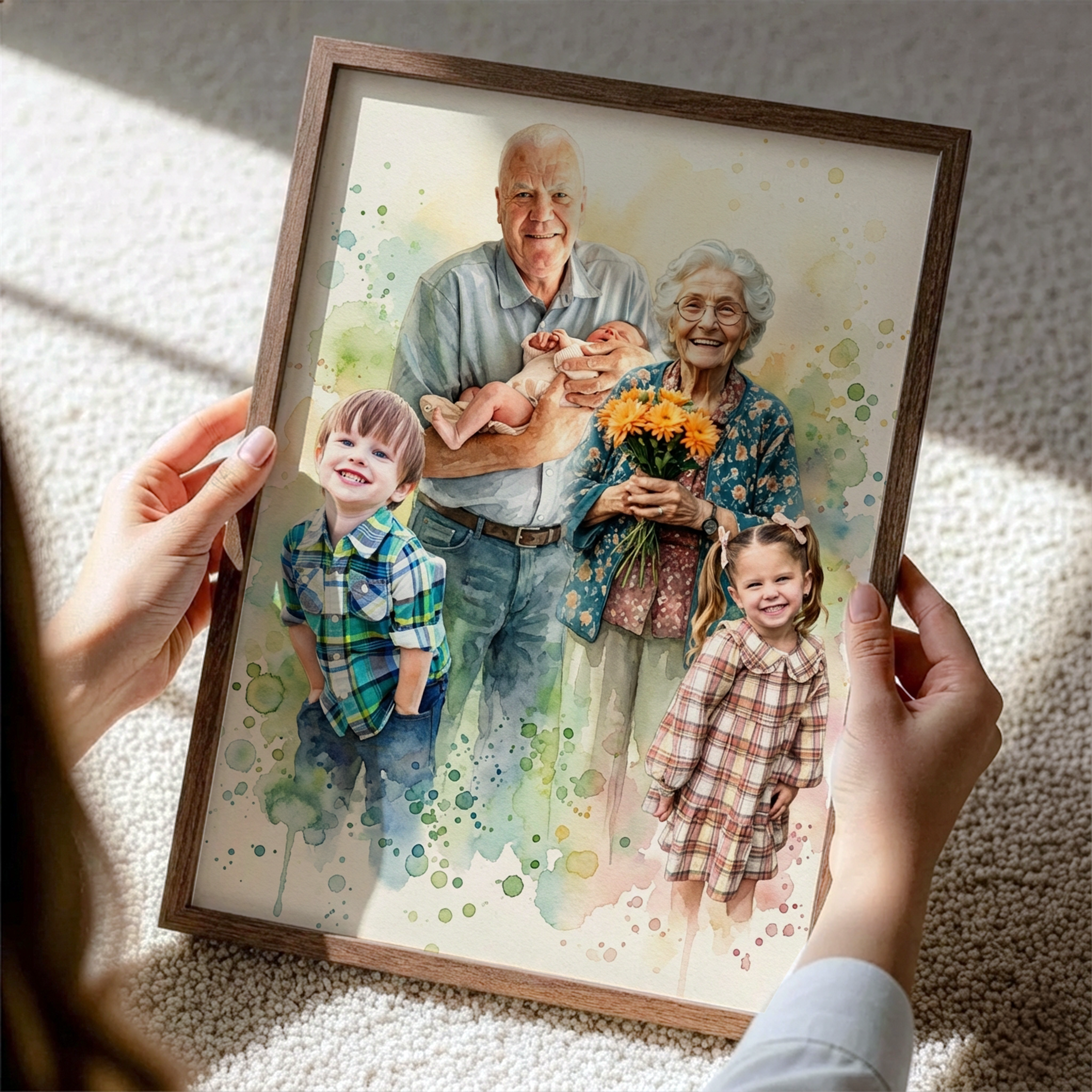 over the shoulder shot of a woman holding watercolor style family canvas 