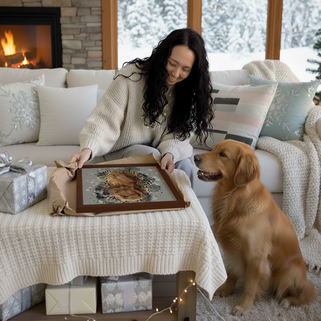 Woman opening dog portrait as a Christmas gift 