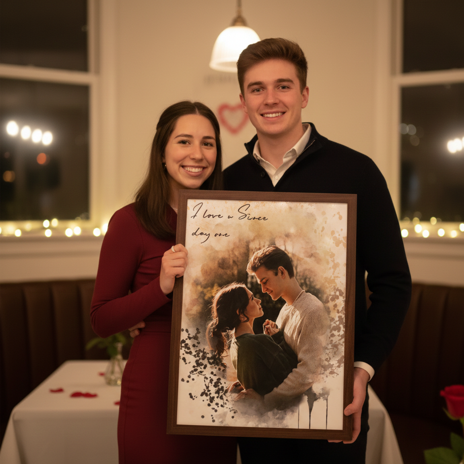 couple in date setting holding couples portrait 