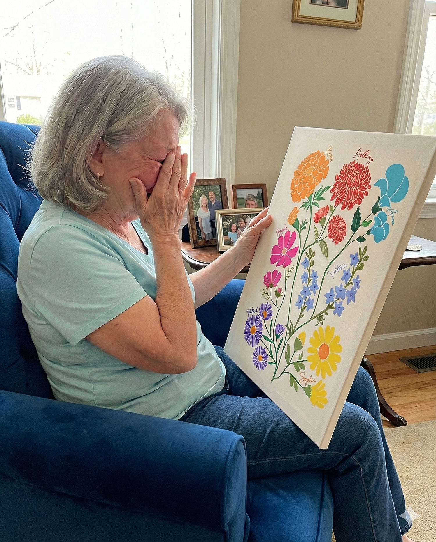 Older woman sitting in a blue chair, crying and covering her face, while holding a custom canvas print of colorful, labeled flowers.