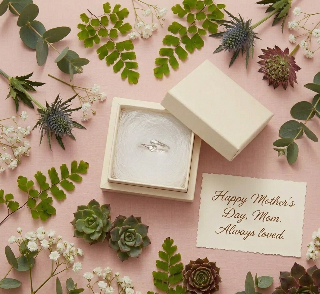 a silver hug ring in a gift box next to a card that say 'happy mothers day' surrounded by green plants