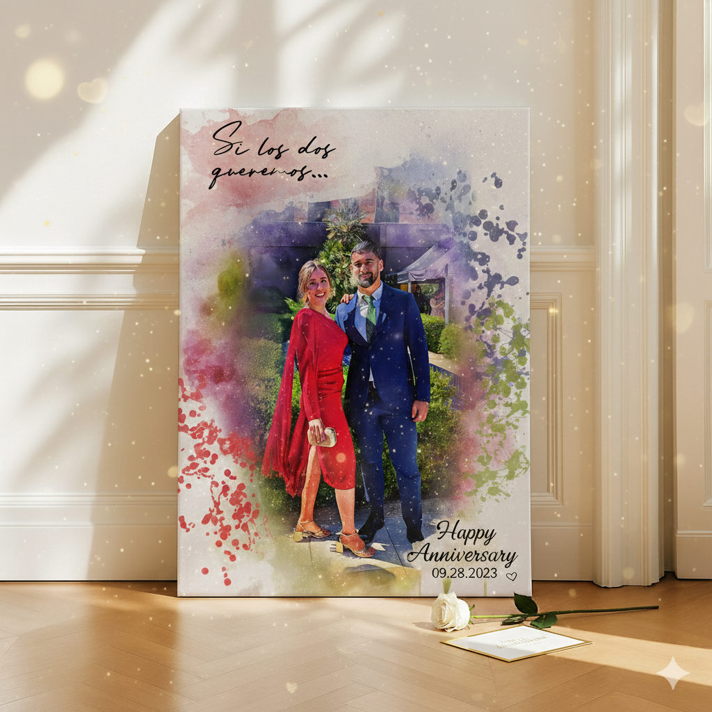 personalized couples portrait leaning against a wall  with a single rose on the floor