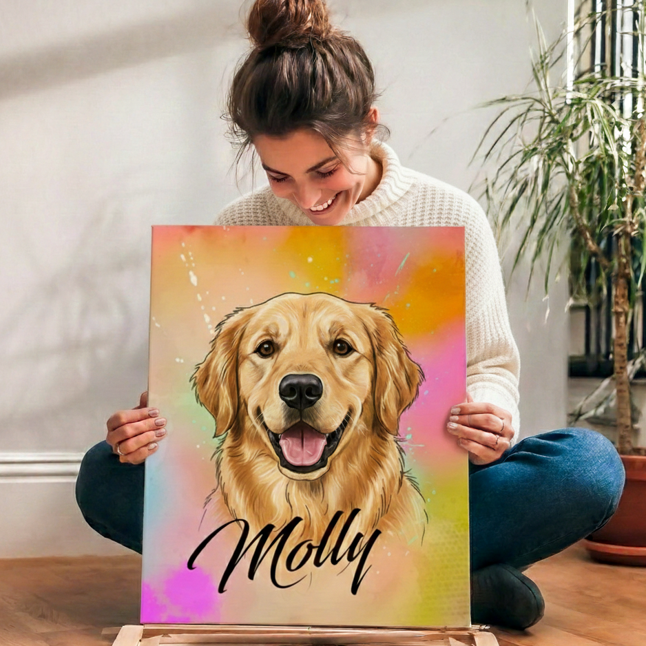 woman sitting on the floor holding  aurora inspired illustrated portrait of dog with name in black script 
