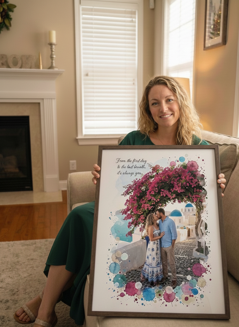 woman holding watercolor couples portrait 
