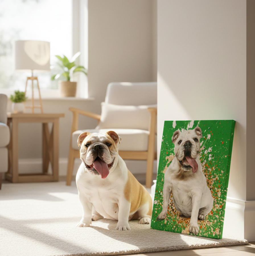 splash/ splatter style painting of a dog, leaning against a wall with the small breed dog next to the canvas
