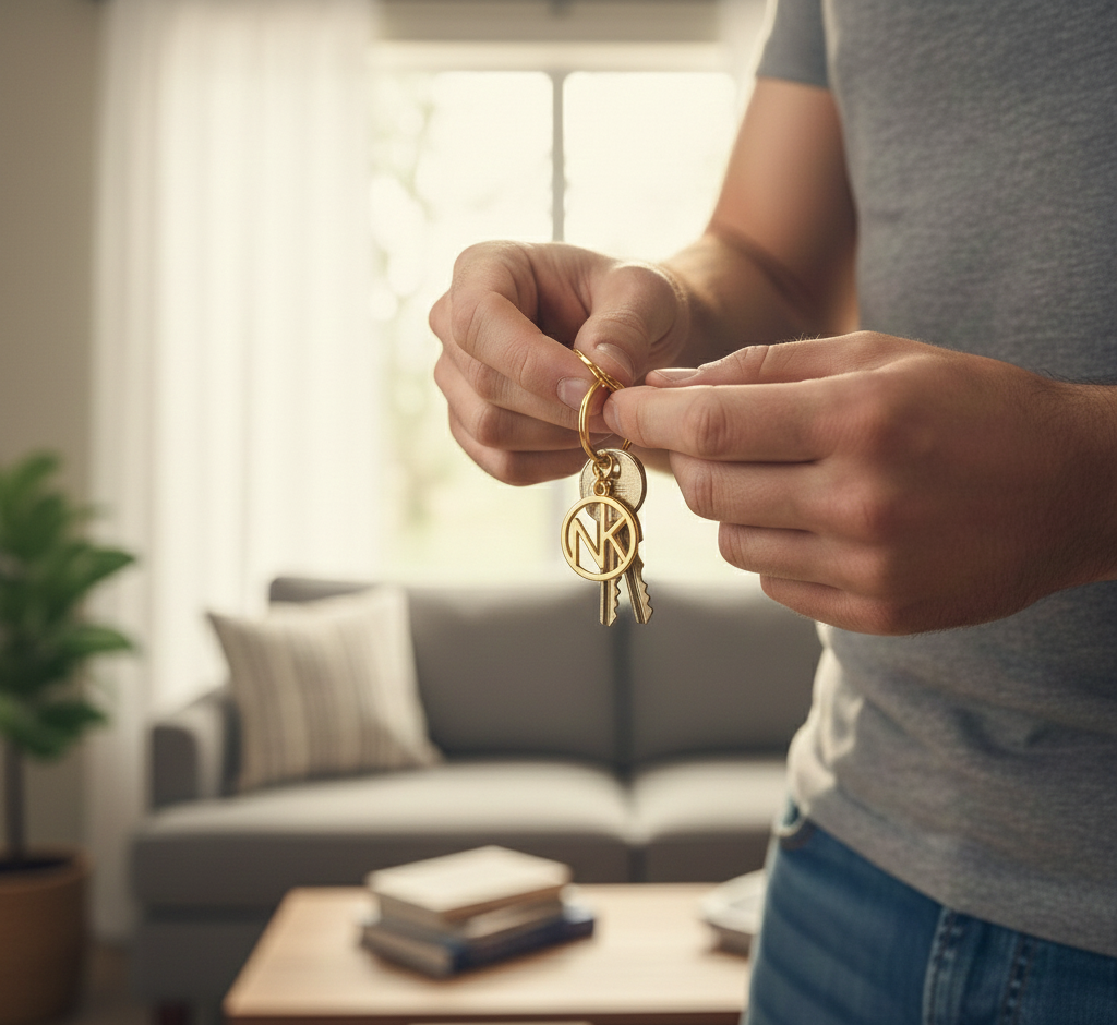 Custom gold monogram keychain with initials "NK." A practical and meaningful personalized Valentine’s Day gift for men.