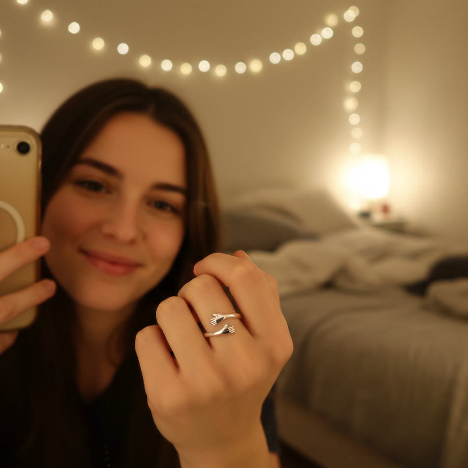 woman taking mirror selfie showing her hand with a silver hug ring