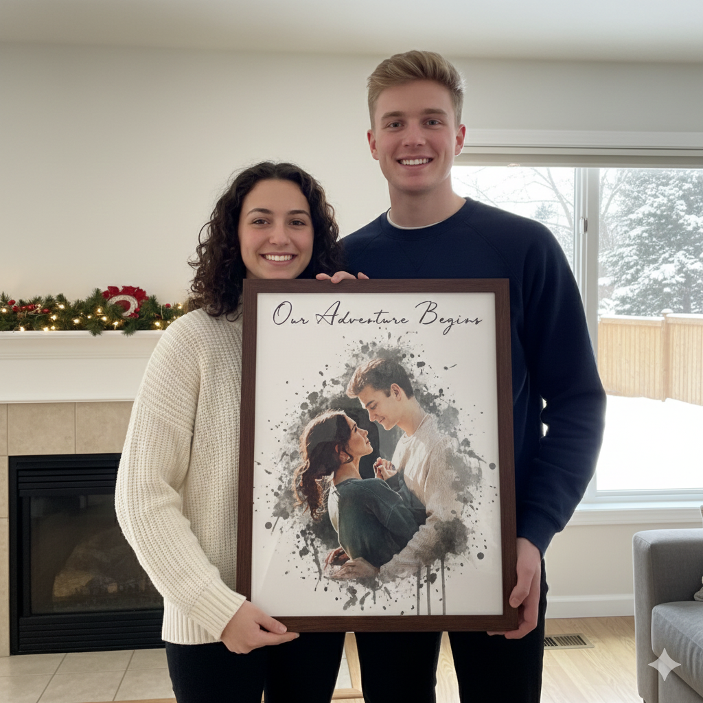 Couple holding watercolor style portrait of themselves