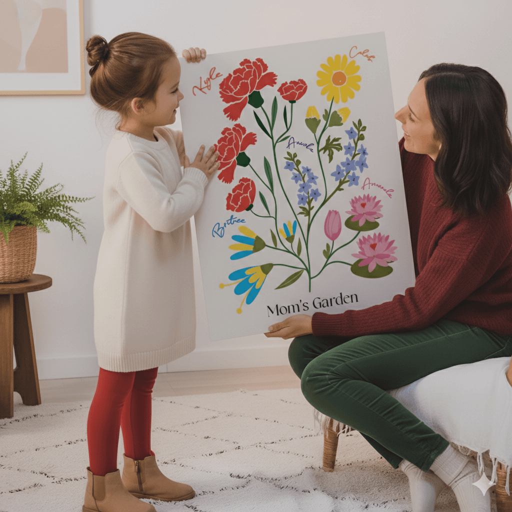 A mother and daughter smiling warmly while holding a framed illustration of a birth flower garden, with family members' names delicately integrated into the floral design.