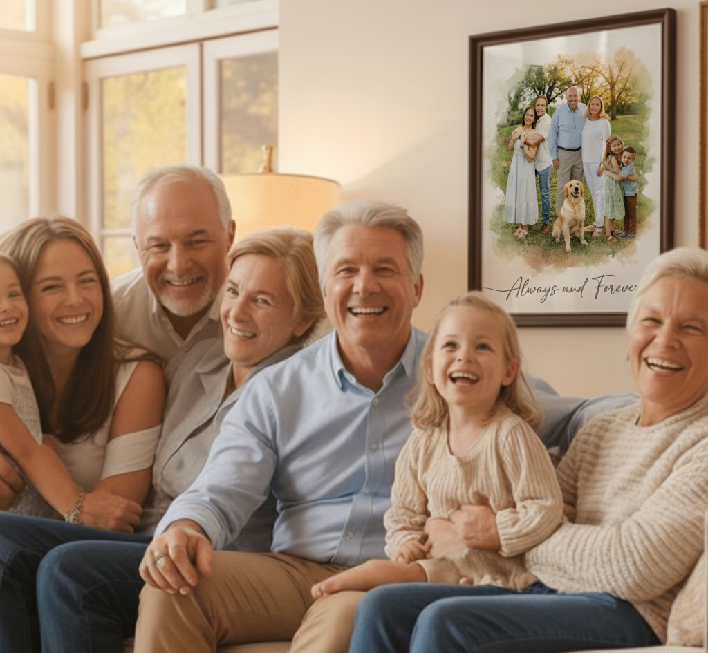 A happy, multi-generational family of six laughing together on a couch in a sunlit living room. On the wall behind them hangs a framed custom watercolor portrait of the same family with their golden retriever, titled "Always and Forever" in elegant script.
