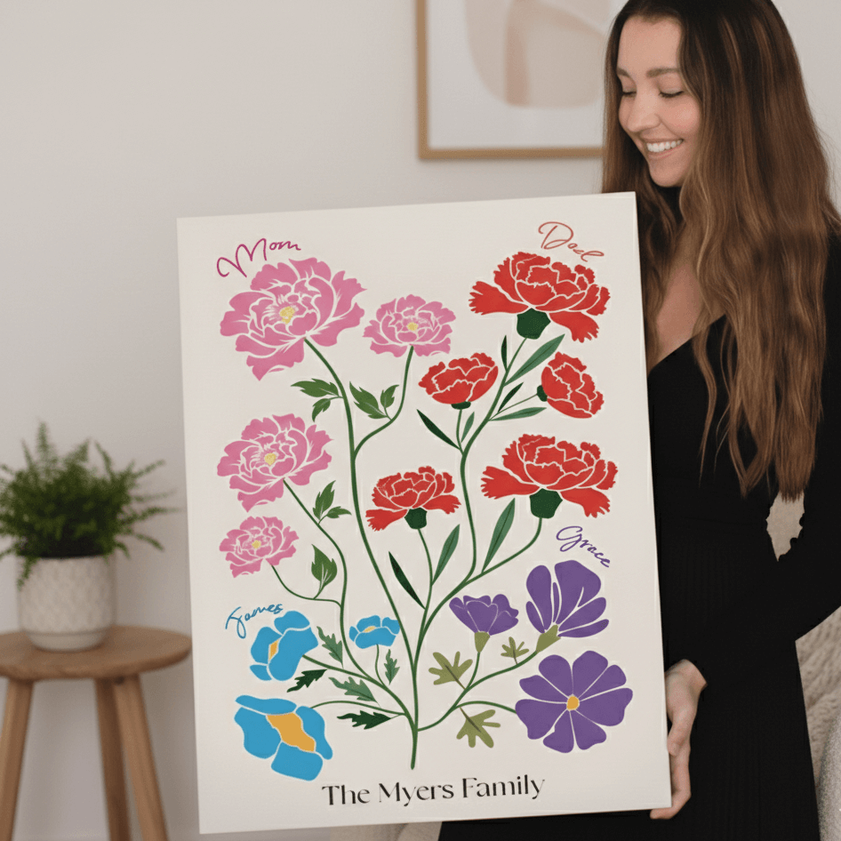 Woman smiling and holding  illustration of a birth flower garden, with family members' names delicately integrated into the floral design.