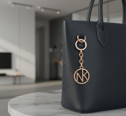 A rose gold monogram keychain with "NK" initials attached to a dark blue leather handbag, resting on a marble tabletop.