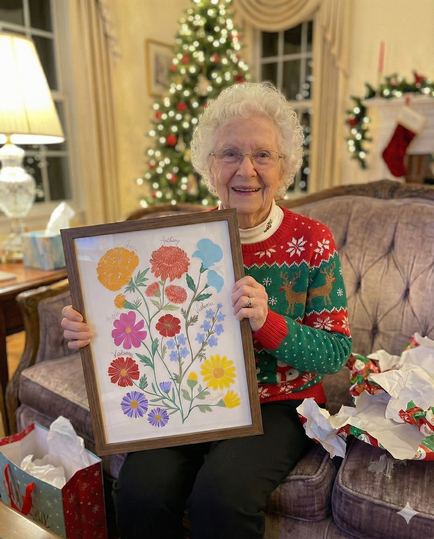 Elderly woman in a Christmas sweater holding a framed colorful custom garden print with labeled flowers, by a Christmas tree.
