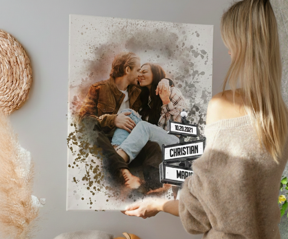 Woman showcasing a personalized watercolor couple's portrait with custom street names