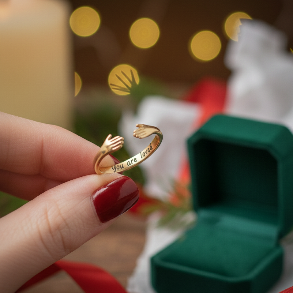 Close-up of a gold adjustable hug ring with small hands design, engraved with "you are loved," against a holiday-themed backdrop
