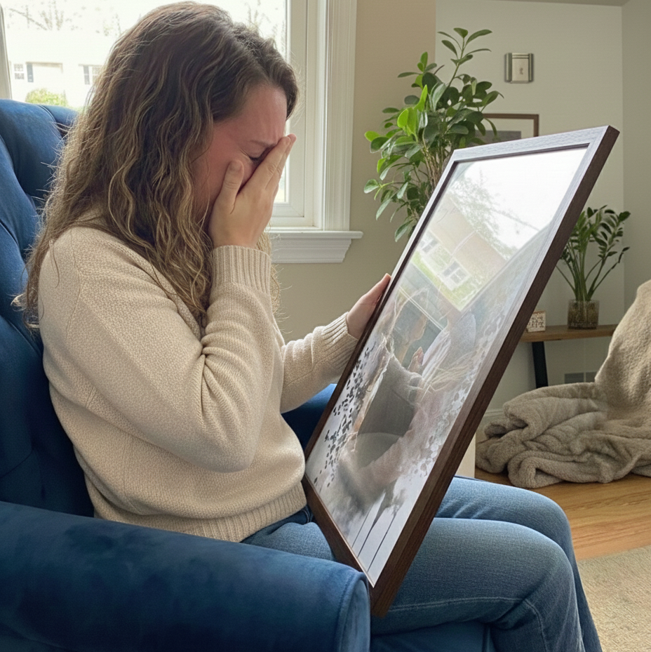 woman crying looking at couples portrait 