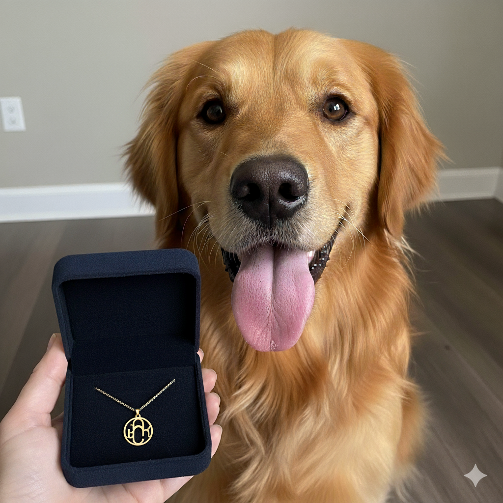 hand holding a gift box with a gold monogram necklace in front of a golden retriever 