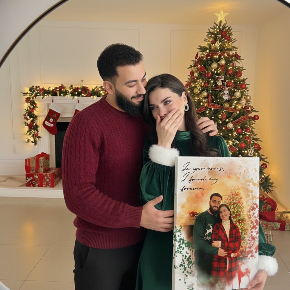 Couple in front of a Christmas tree holding a canvas print of themselves in holiday sweaters, with the text "I found my forever."