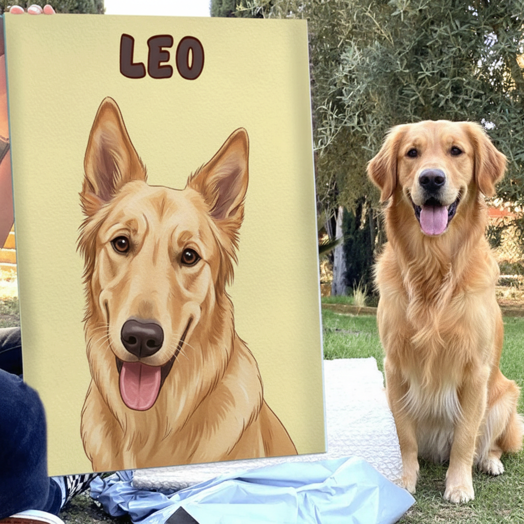 person holding printed digital illustrated drawing of large breed dog, in a park with the dog sitting next to canvas 