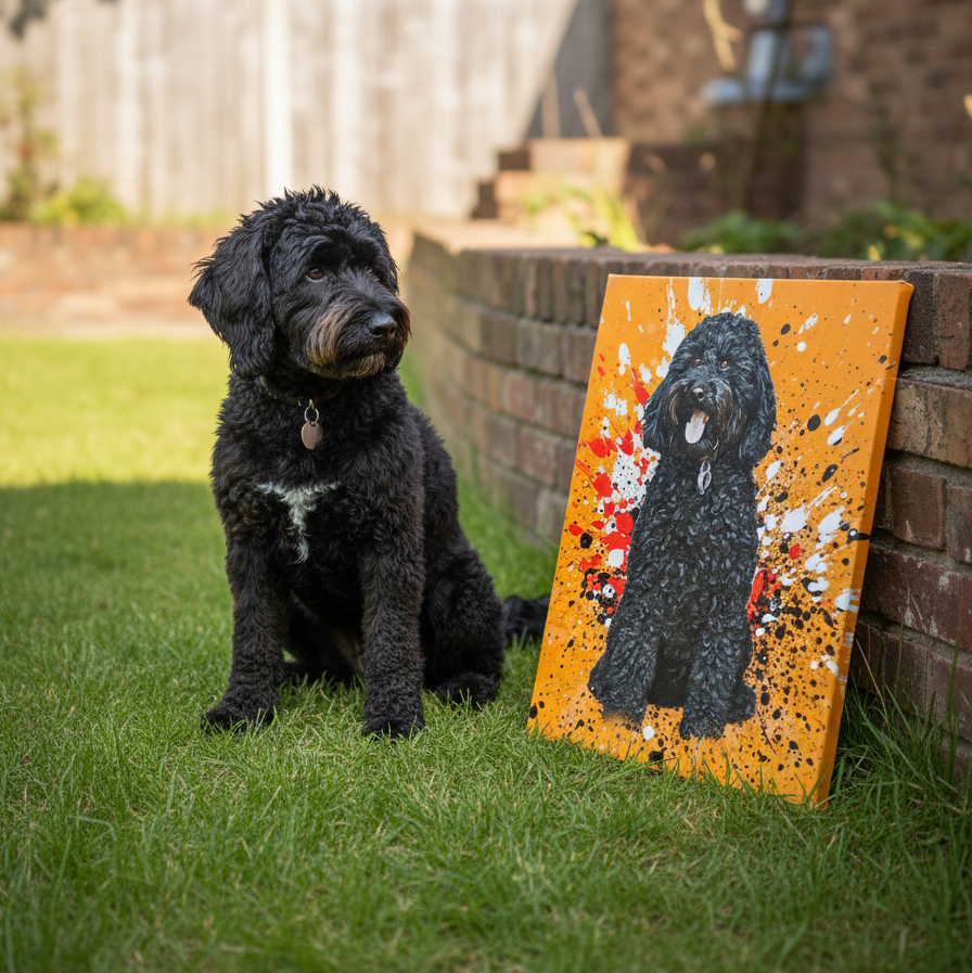 orange splash/ splatter style painting of a dog, leaning against a wall with the breed dog next to the canvas