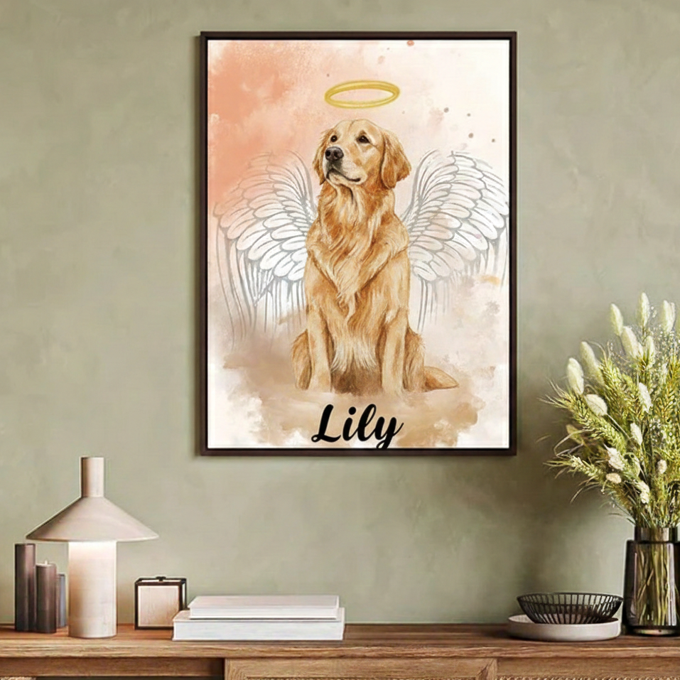 memorial portrait of  large breed dog with halo and white wings with the name lily in black writing at the bottom
