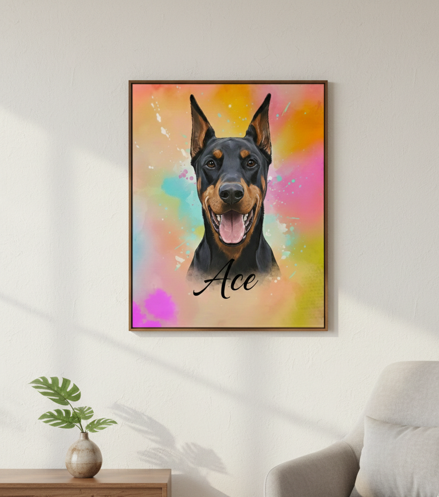  aurora inspired illustrated portrait of dog with name in black script hanging on a wall 